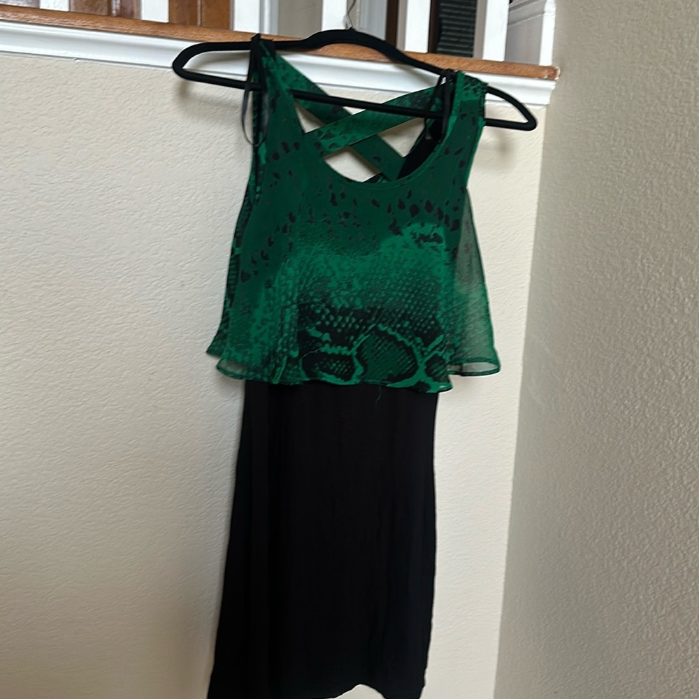 2/ $25 Black jersey dress with green chiffon layered top and cross back details